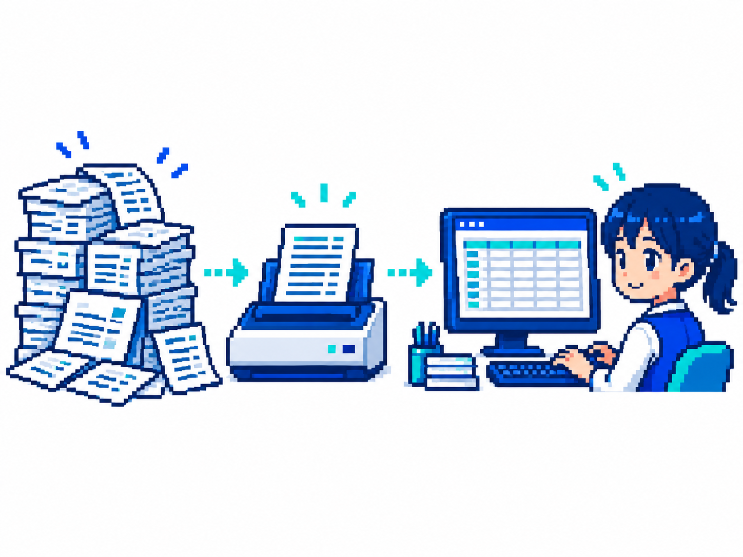 紙書類をスキャンし、パソコン上でデータを整理する流れを描いたドット絵